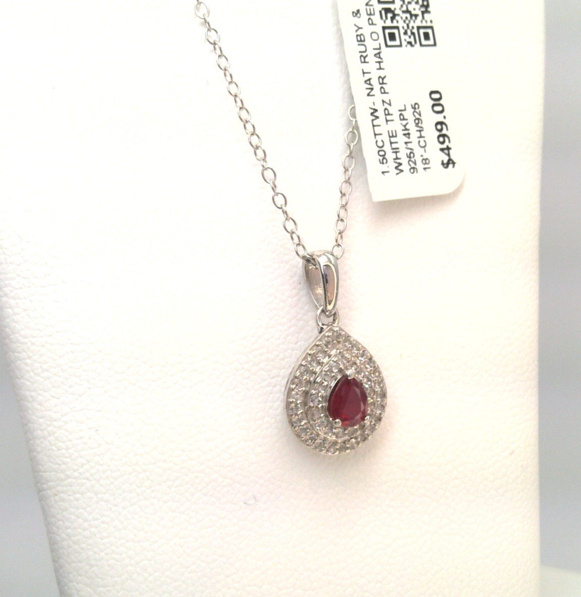 🔥$499-💥1.50CT Natural Ruby & White Topaz Halo Pendant Necklace🔥 SS/14K PL 925