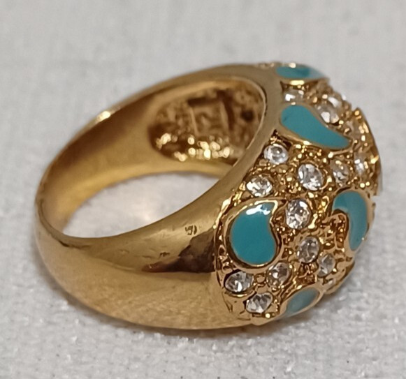 Gold Tone Turquoise Enamel Ring W/Crystals Size 5.5 10.1 Grams