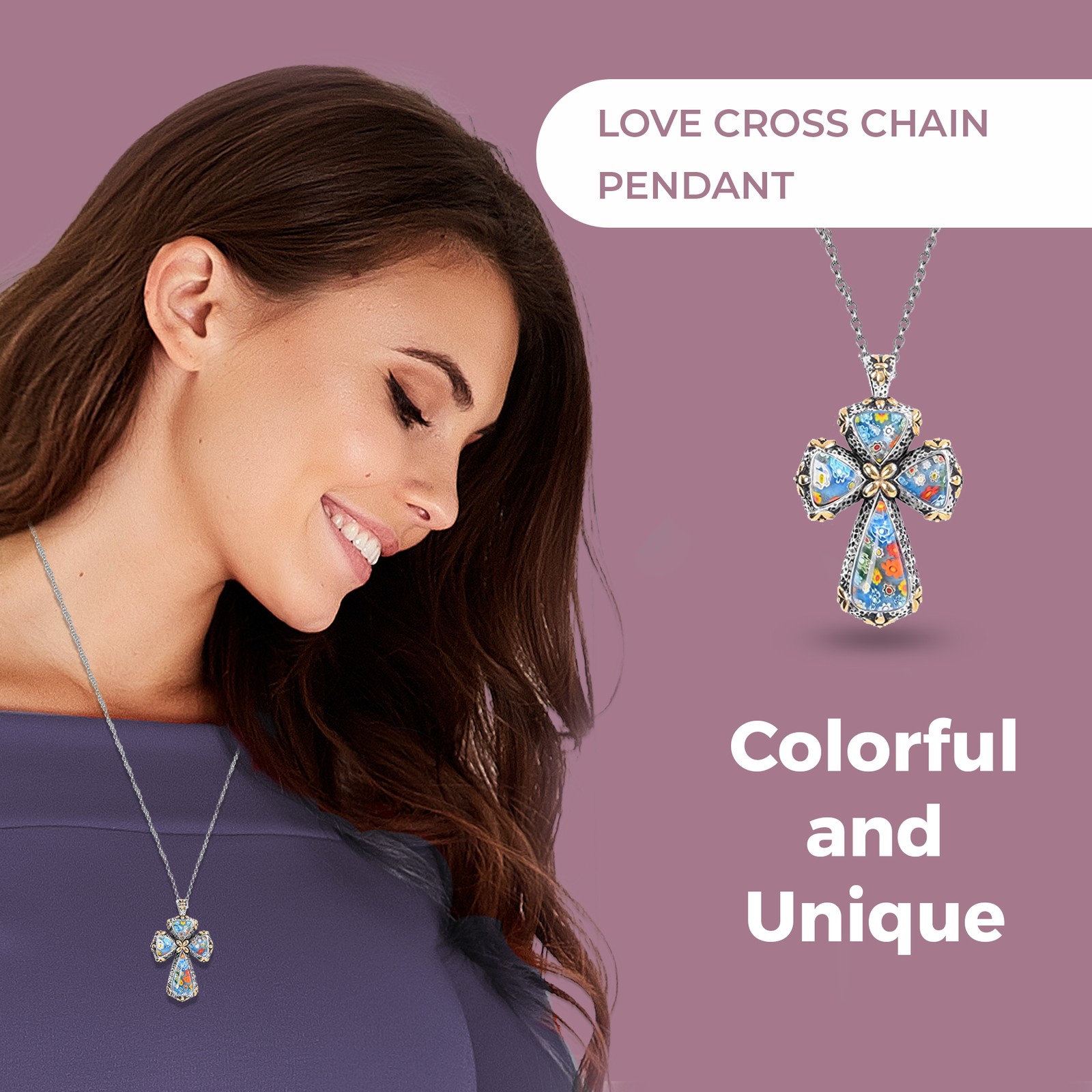 Shop LC Colorful Rainbow Cross Necklace Yellow Gold Black Oxidsized Murano Style