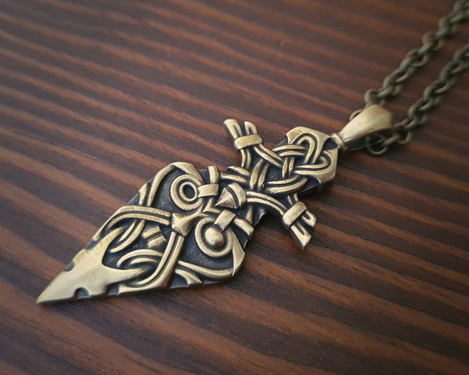 Baldur Jewelry Gungnir Spear Necklace, Brass Viking Odin Face Pendant