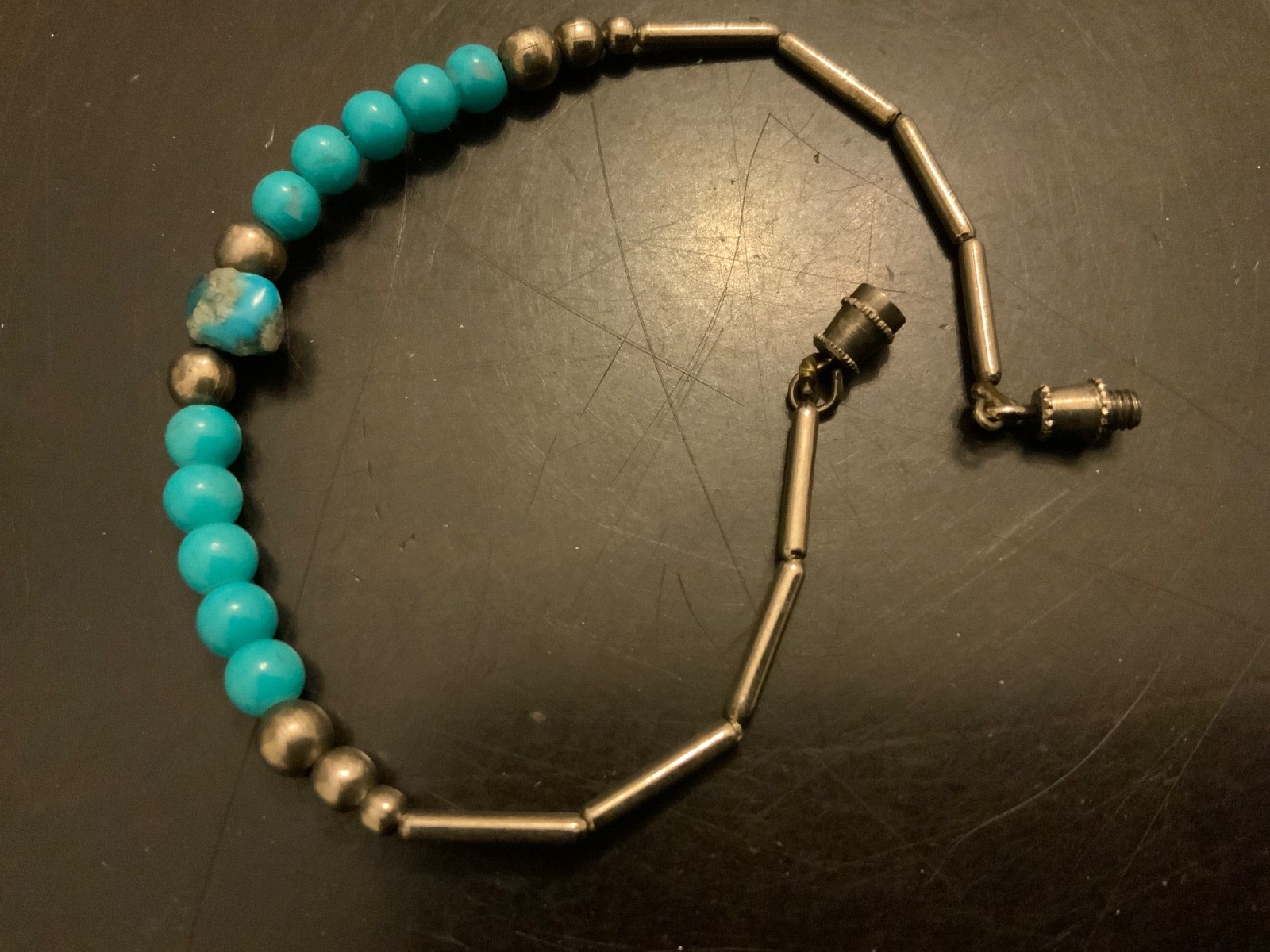 Southwest child teen turquoise nugget blue beaded liquid silver bracelet 6.25in