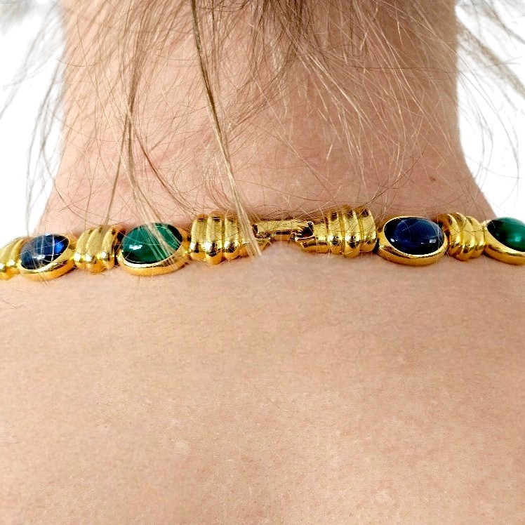 Necklace Gold Plated + Gripoix Poured Glass Multicolored Oval Cabochons Vintage