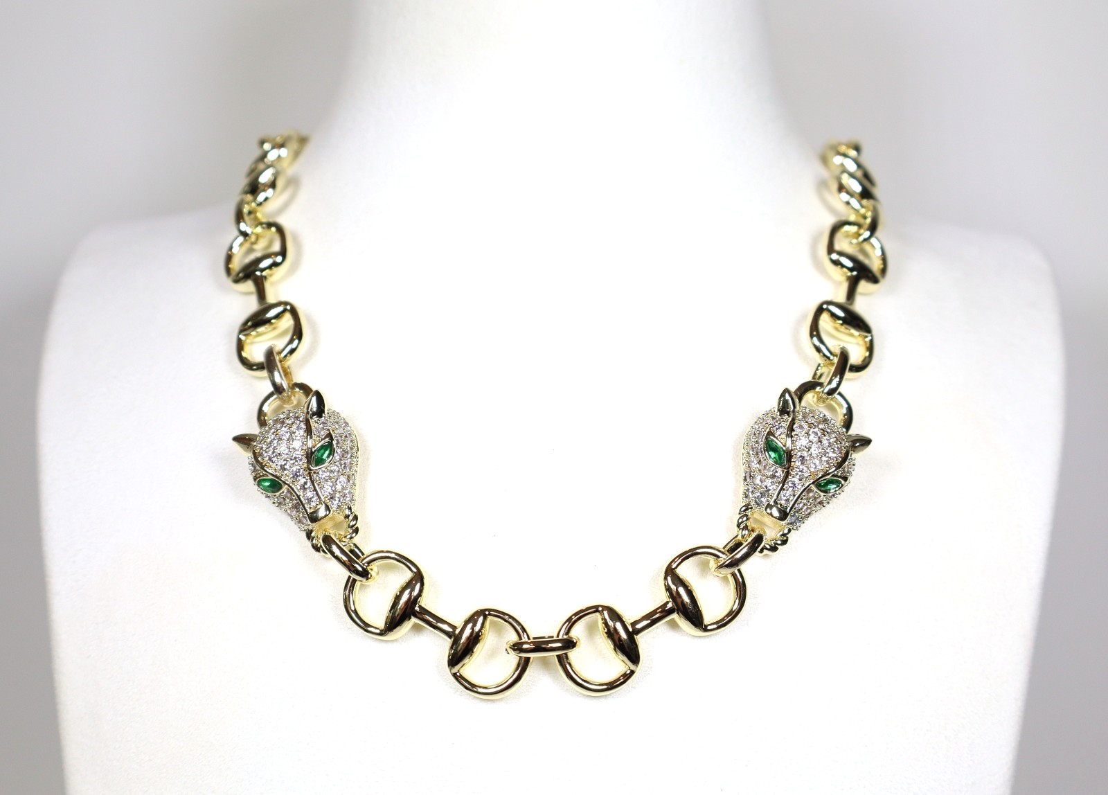 Statement Gold Panther Necklace Large Bling Cubic Zirconia Green White Gemstones