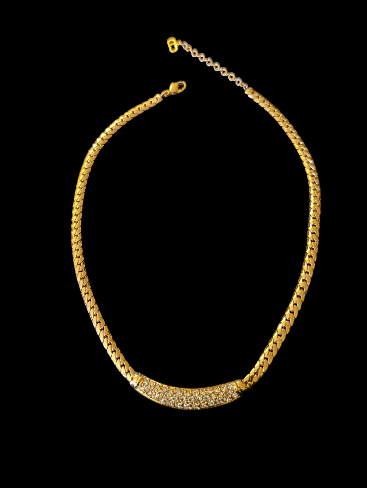 Vintage Christain Dior Pave Crystal Curved Bar 17.25″ Gold Flat Snake Chain