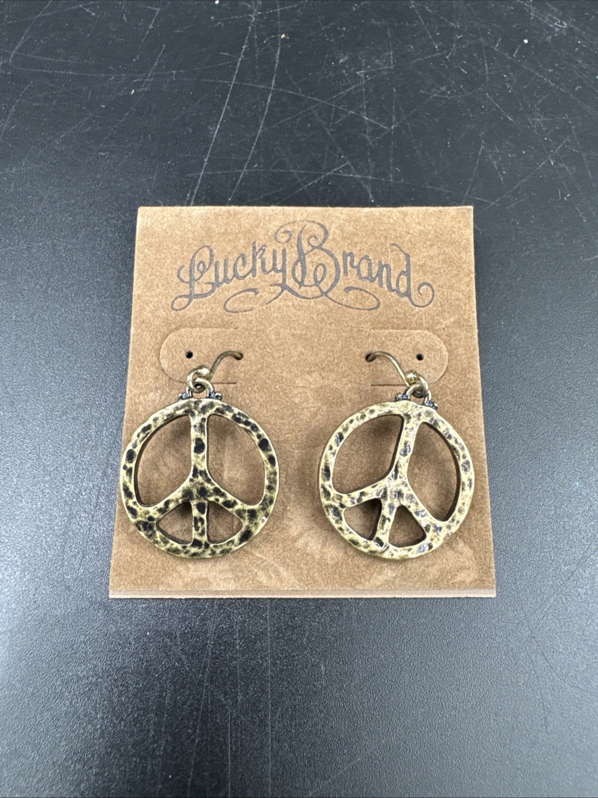 Lucky Brand! Vintage Distressed Look Gold Hammered Peace Logo Earrings