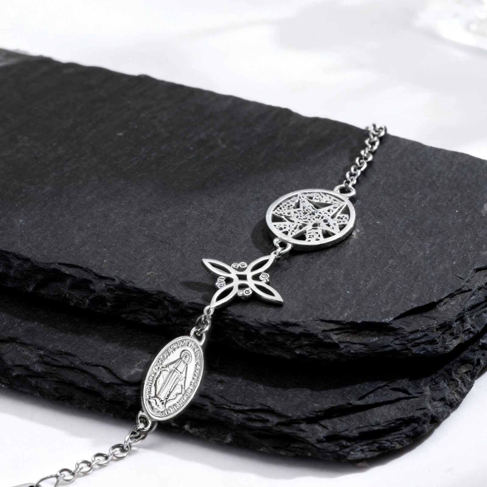 Stainless Steel Triple Protection Bracelet Witch Knot Pentagram Figaro Chain