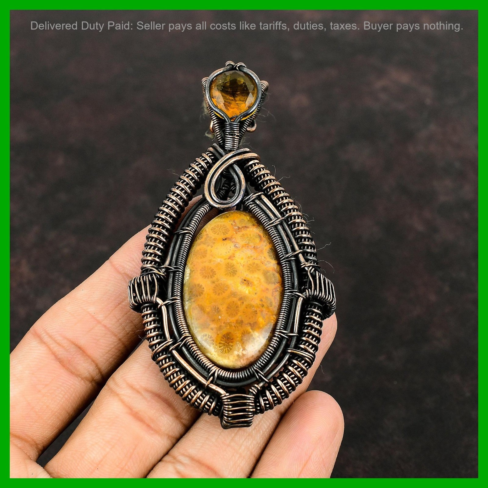 Copper Oval Fossil Coral Stone Citrine Daughter New Wire Wrapped Pendant Jewelry