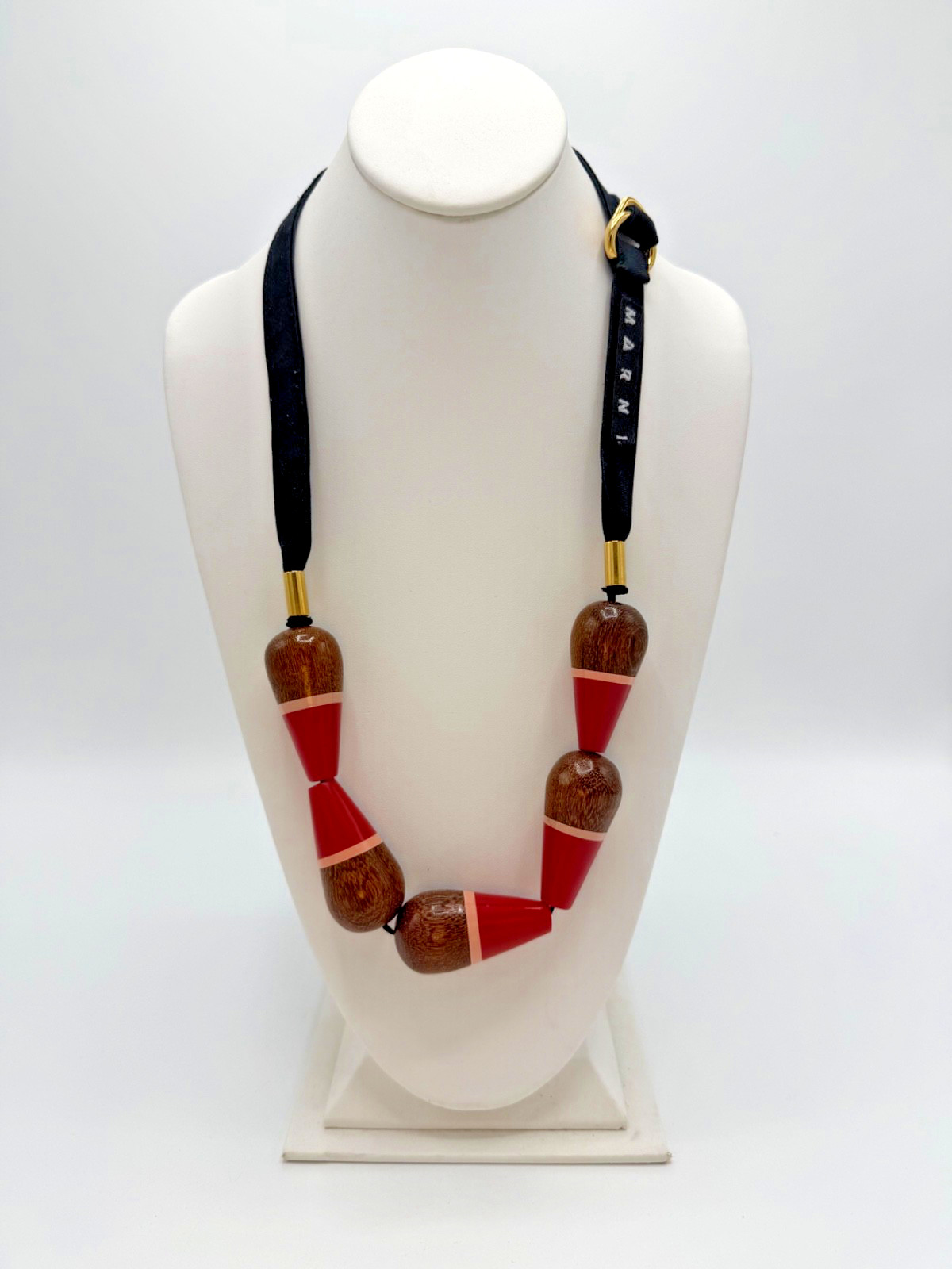MARNI High Gloss Wooden Bead D-Ring Ribbon Necklace, COSUELO CASTIGLIONI Era VTG
