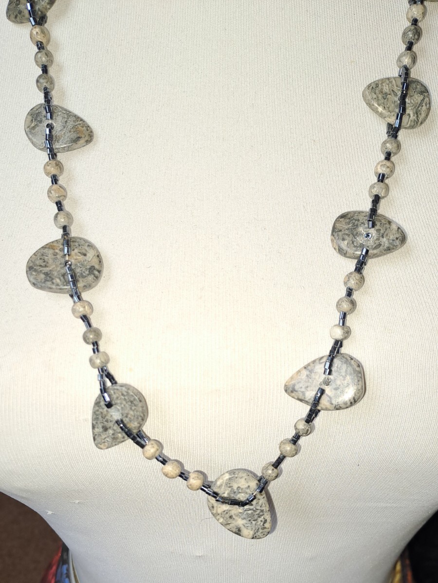 Healing VINTAGE Long Necklace Picasso Stone (Marble)/Seed Bead Lobster Clasp.