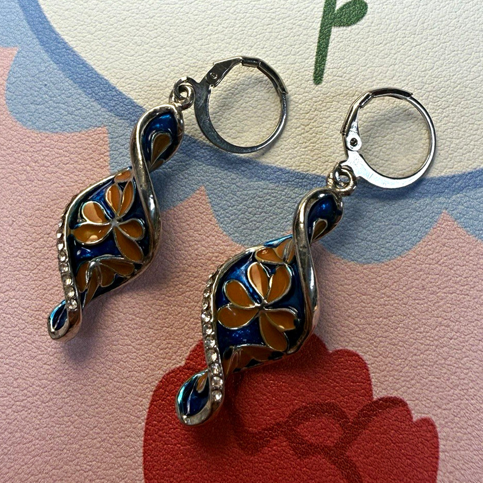 Blue Orange Enamel Floral Dangle Drop Leverback Earrings Silver Tone