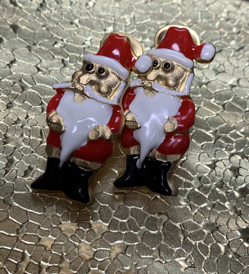 Red White Black & Gold Tone Enamel Santa Claus Enamel Clip On Earrings