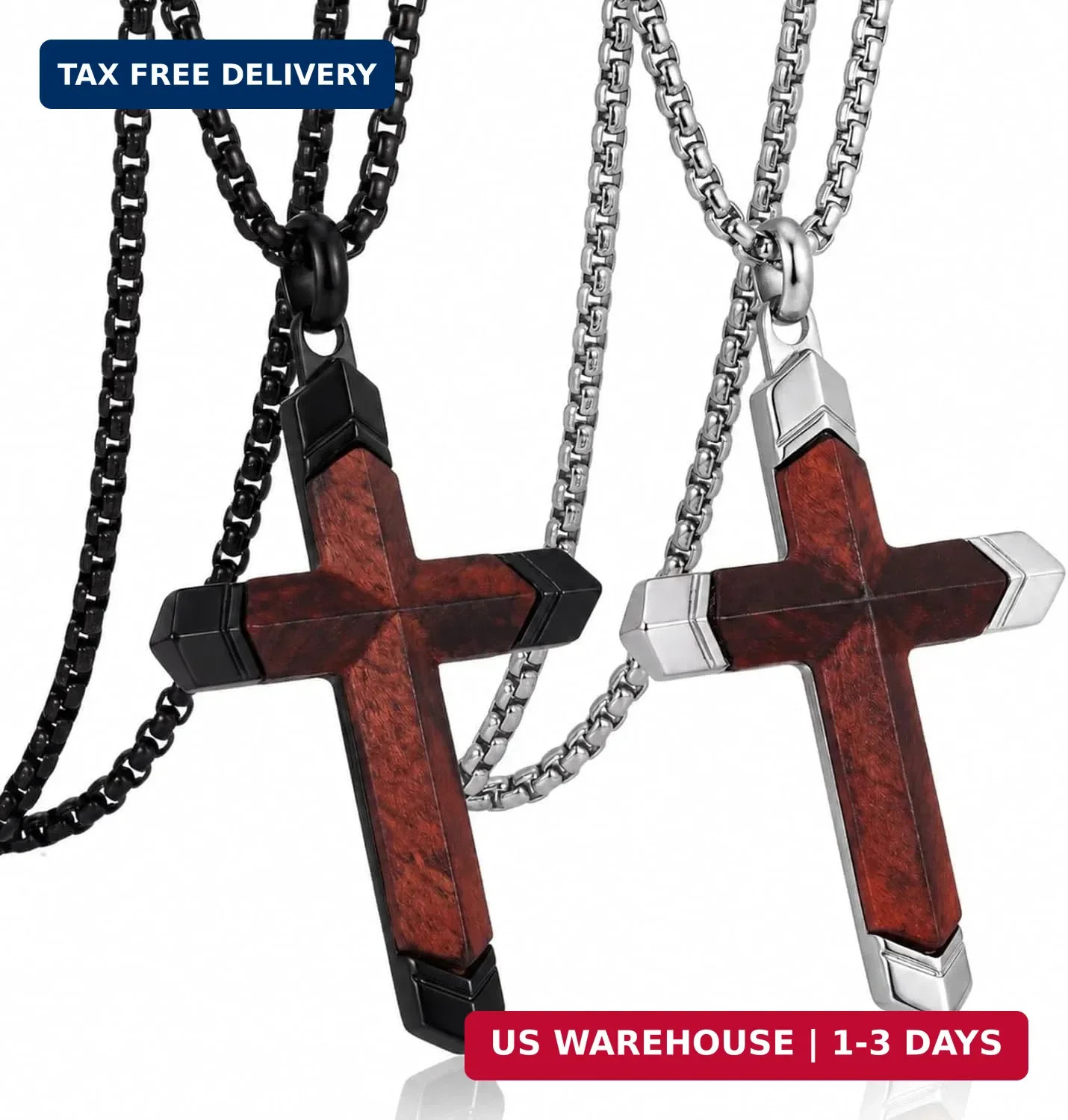 Kigeli 2 Set Wooden Cross Necklace for Men Walnut Wood Inset in Black Sliver Sta