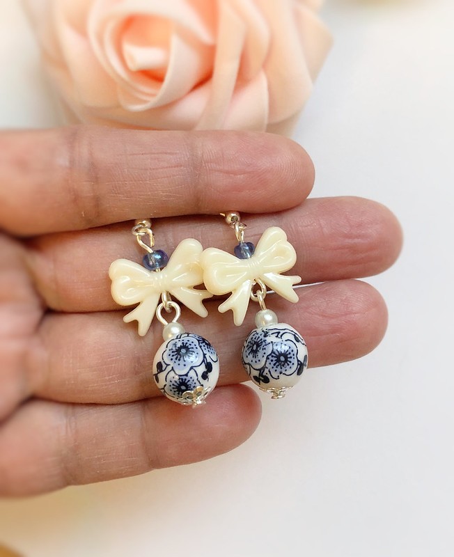 Floral White & Blue porcelain earrings Chinoiserie ceramic style design Delicate