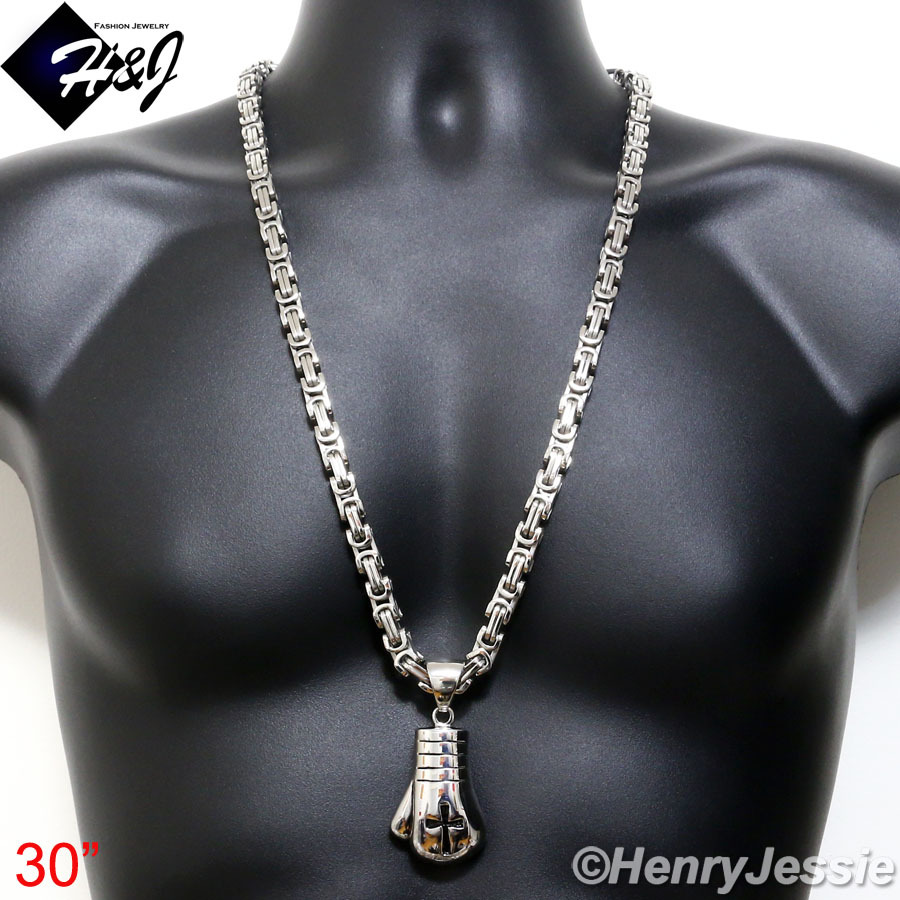 30″Stainless Steel 9mm Silver Box Chain Necklace Boxing Glove Cross Pendant*P79