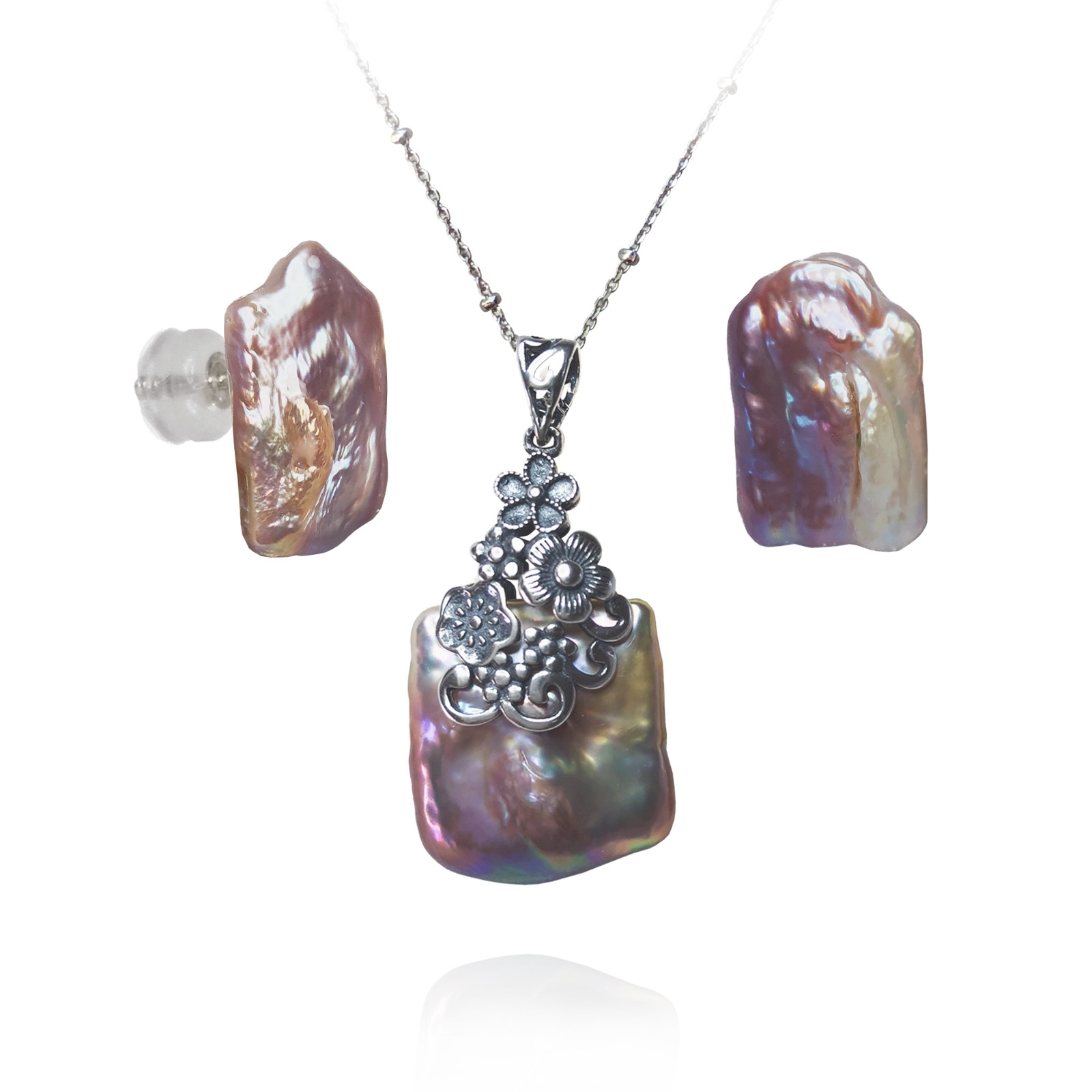Large Natural Biwa Pearls Silver Earrings And Necklace Jewelry Set