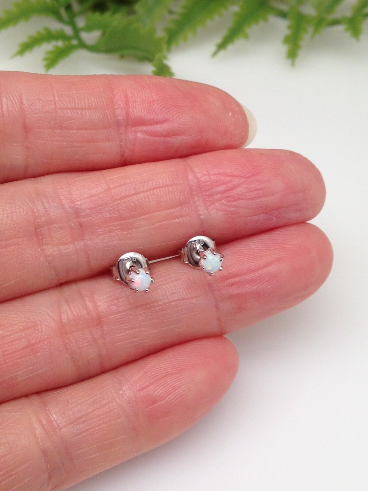 White Opal Stud Earrings Sterling Silver 925 Dainty Round Opal Studs 2.9mm