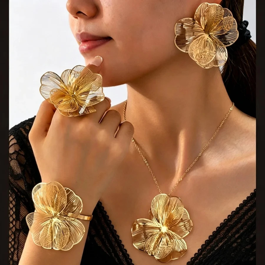 Gold Tone Filigree Flower Jewelry Set Statement Necklace Earrings Floral Women