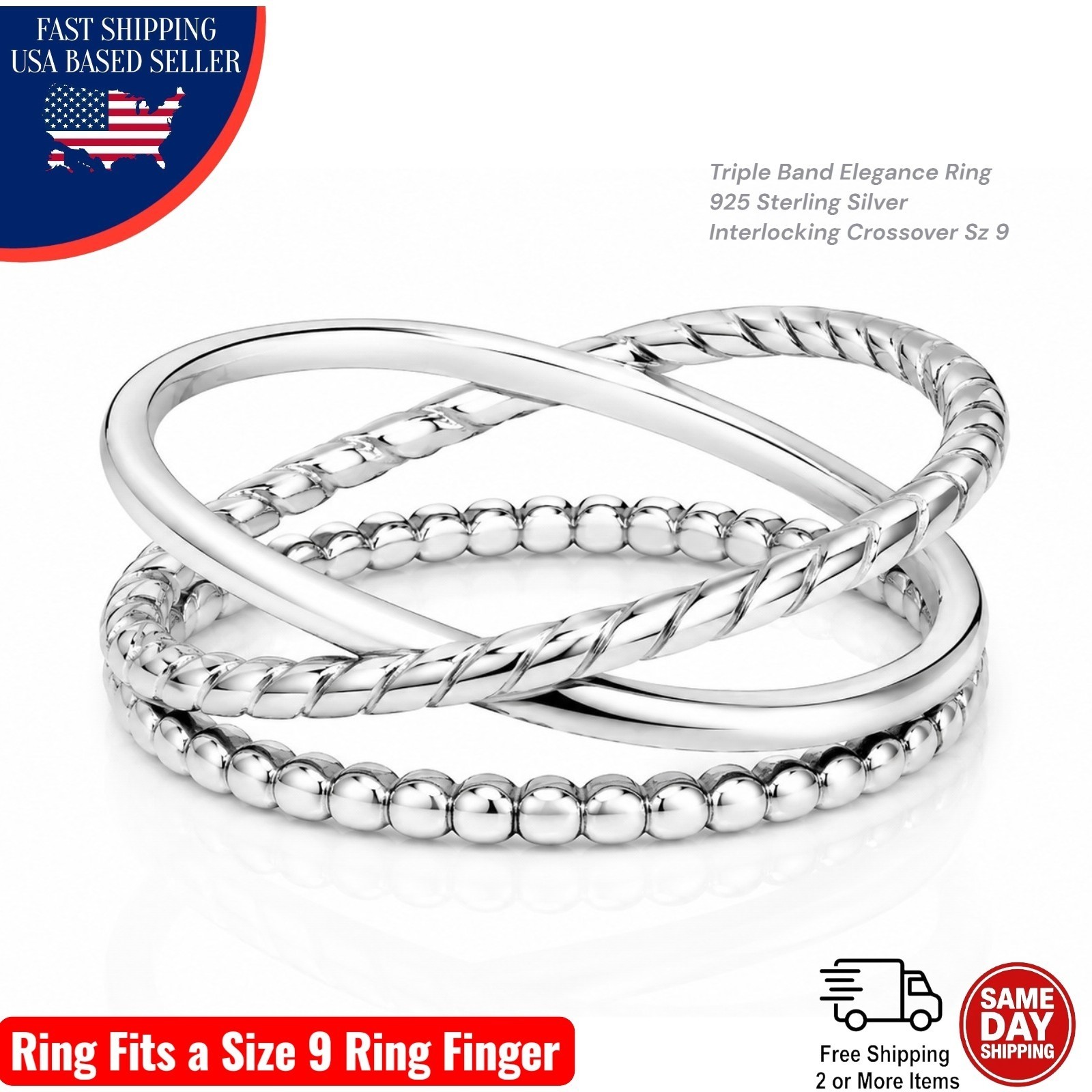 Triple Band Ring 925 Sterling Silver Crossover Twisted Beaded Stackable Size 9