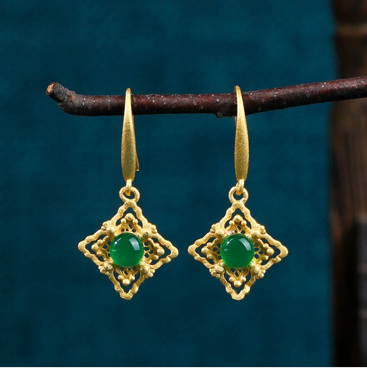 Green Jade Drop Dangle Earrings Hollow-carved Gemstone Ear Hook 18K Gold Plated