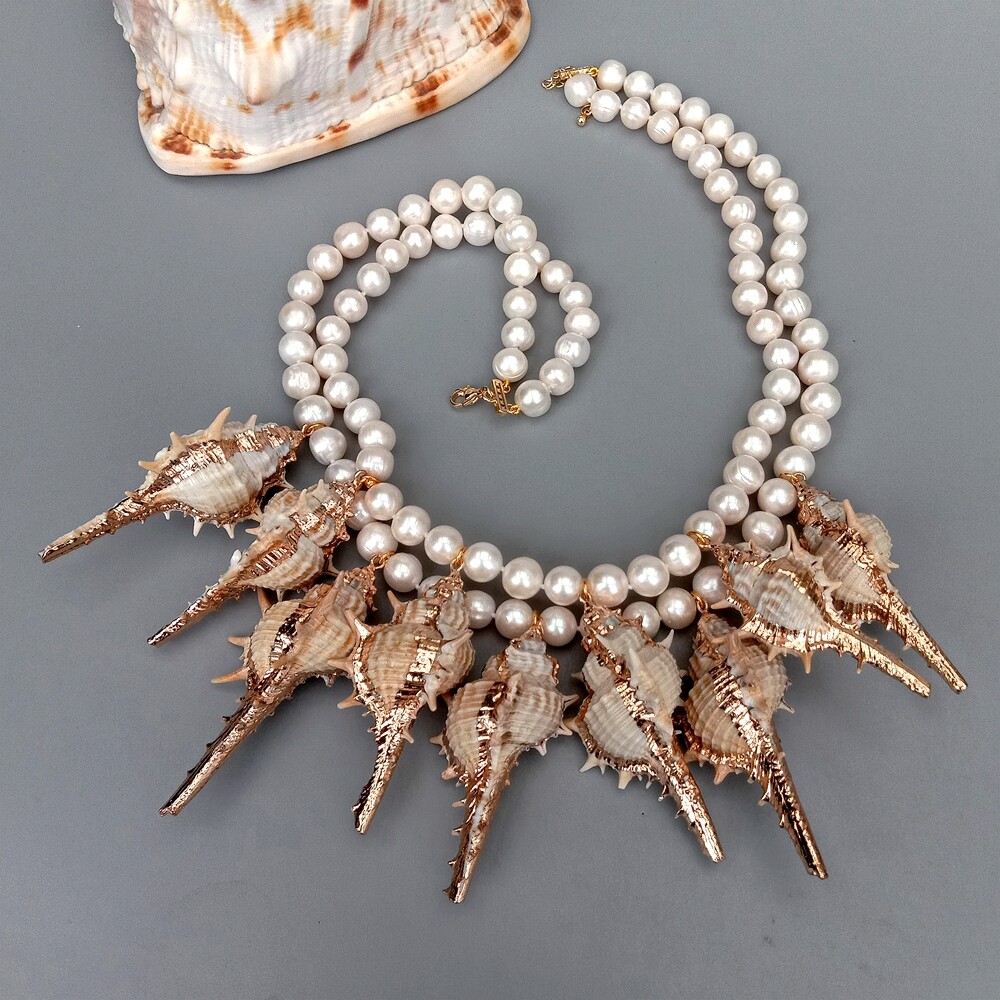 2 Strands Freshwater Cultured White Pearl Sea Shell Statement Necklace 18″