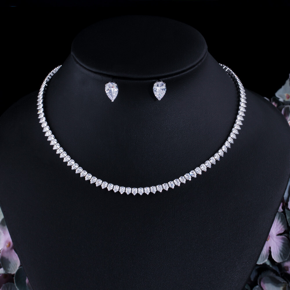 Silver Plated Long Drop Earrings Wedding Necklace Cubic Zirconia CZ Jewelry Set