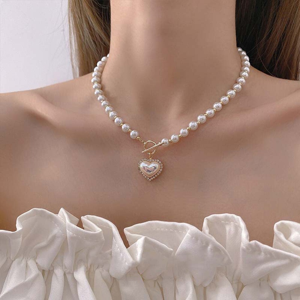 Heart Pendant Necklace Pearl Choker Korean Style Elegant Clavicle Chain Jewelry