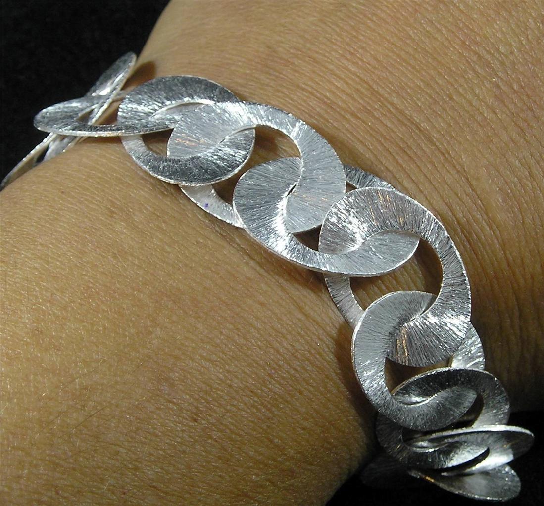 Brushed Textured Silver Plated Copper Oval Round Hole Chain Bracelet 6 3/4″ – 8″