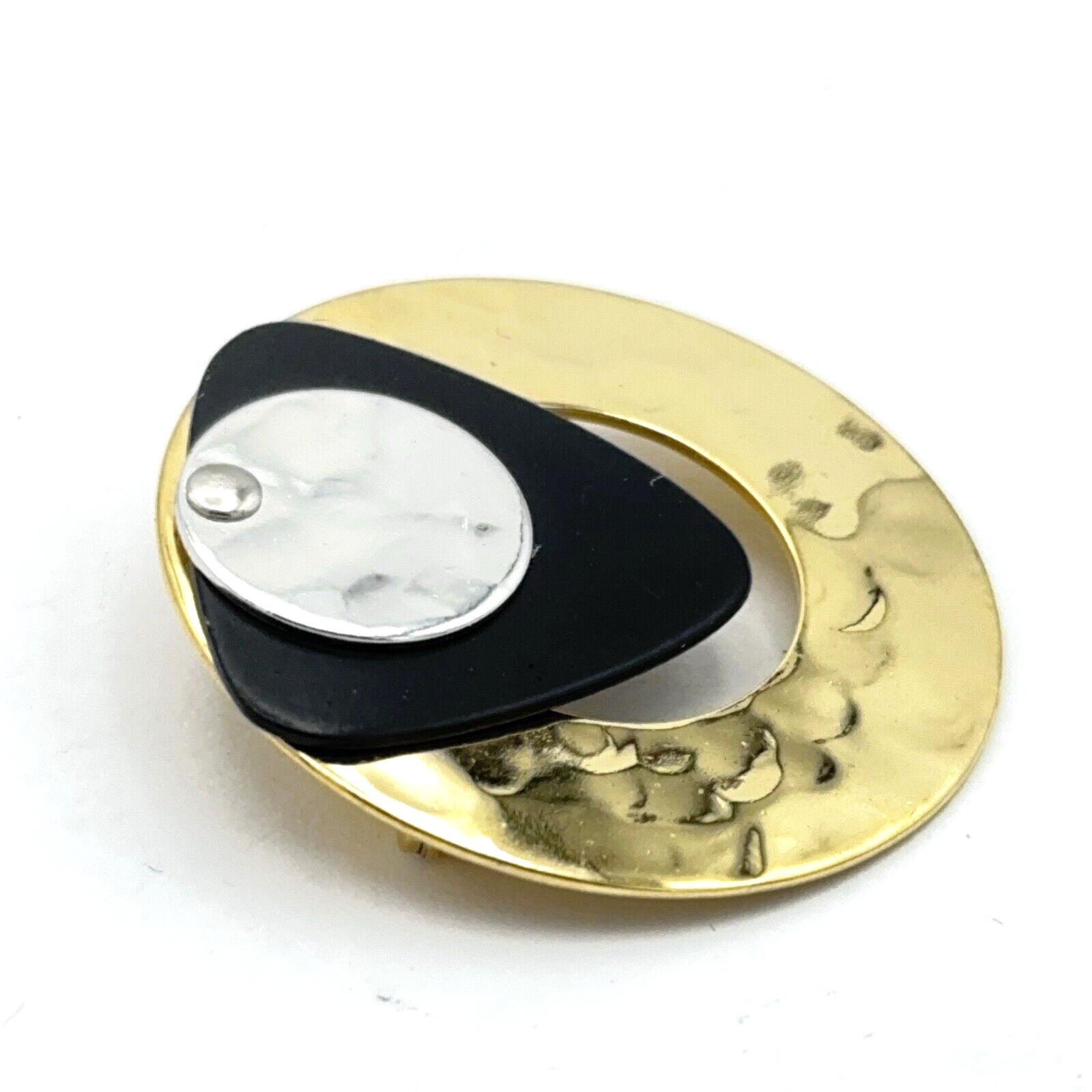 HAMMERED abstract brooches – lot of 2 mixed-metal pins silver gold green black