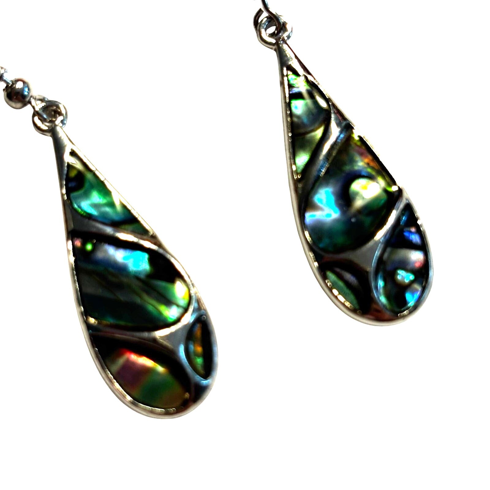 Pierced earrings drop & dangle silver green & blue abalone shell beach teardrops
