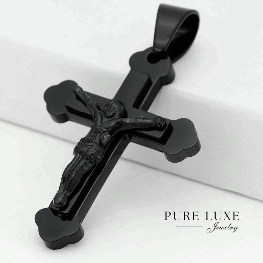 Men’s Stainless Steel.Jesus Cross 51mm Pendant.Black Ion Plated + BOX