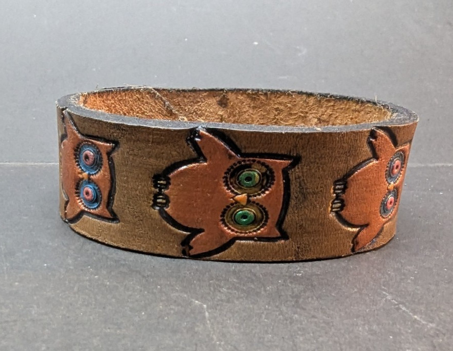Brown Leather Cuff Bracelet with Carved Owl Designs 9 Inch Snap Button Lock
