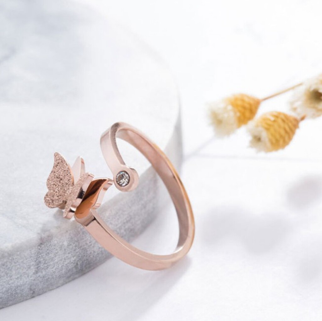 Women / Girl Gold Plated CZ Butterfly Adjust Titanium Stainless Steel Open Ring