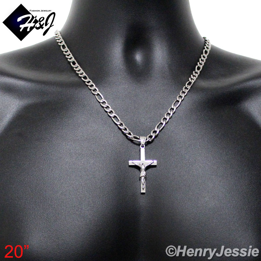 18-36″MEN Stainless Steel 2/3/4/5/6mm Silver Figaro Chain JESUS Cross Pendant*62