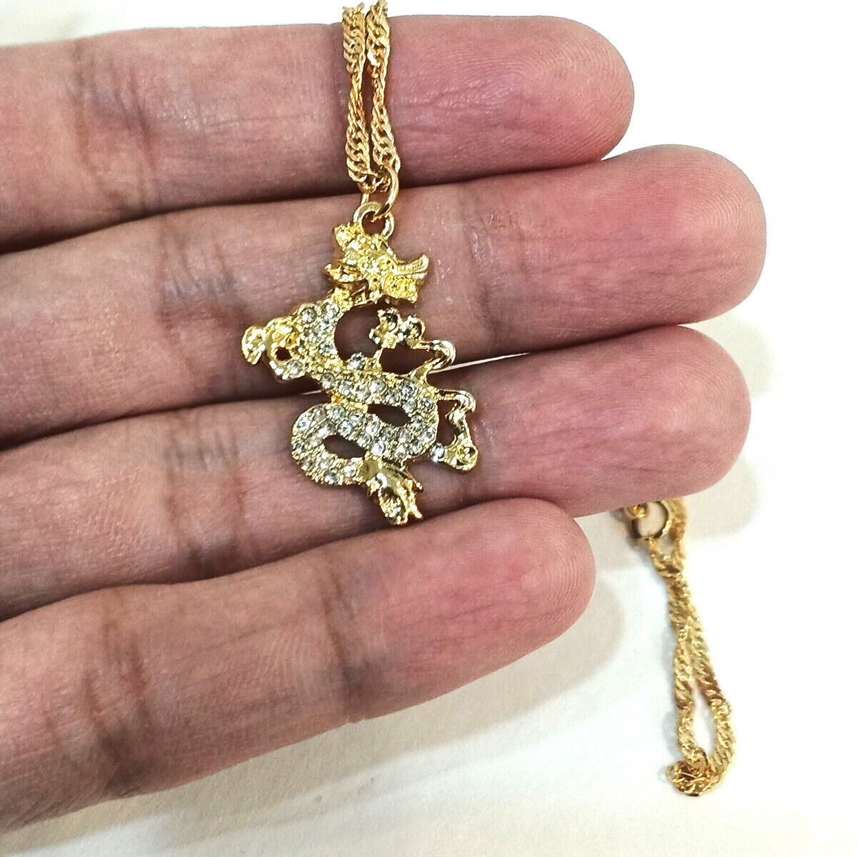 Women’s Rhinestone Dragon Pendant Necklace Brass Plated Gold Link