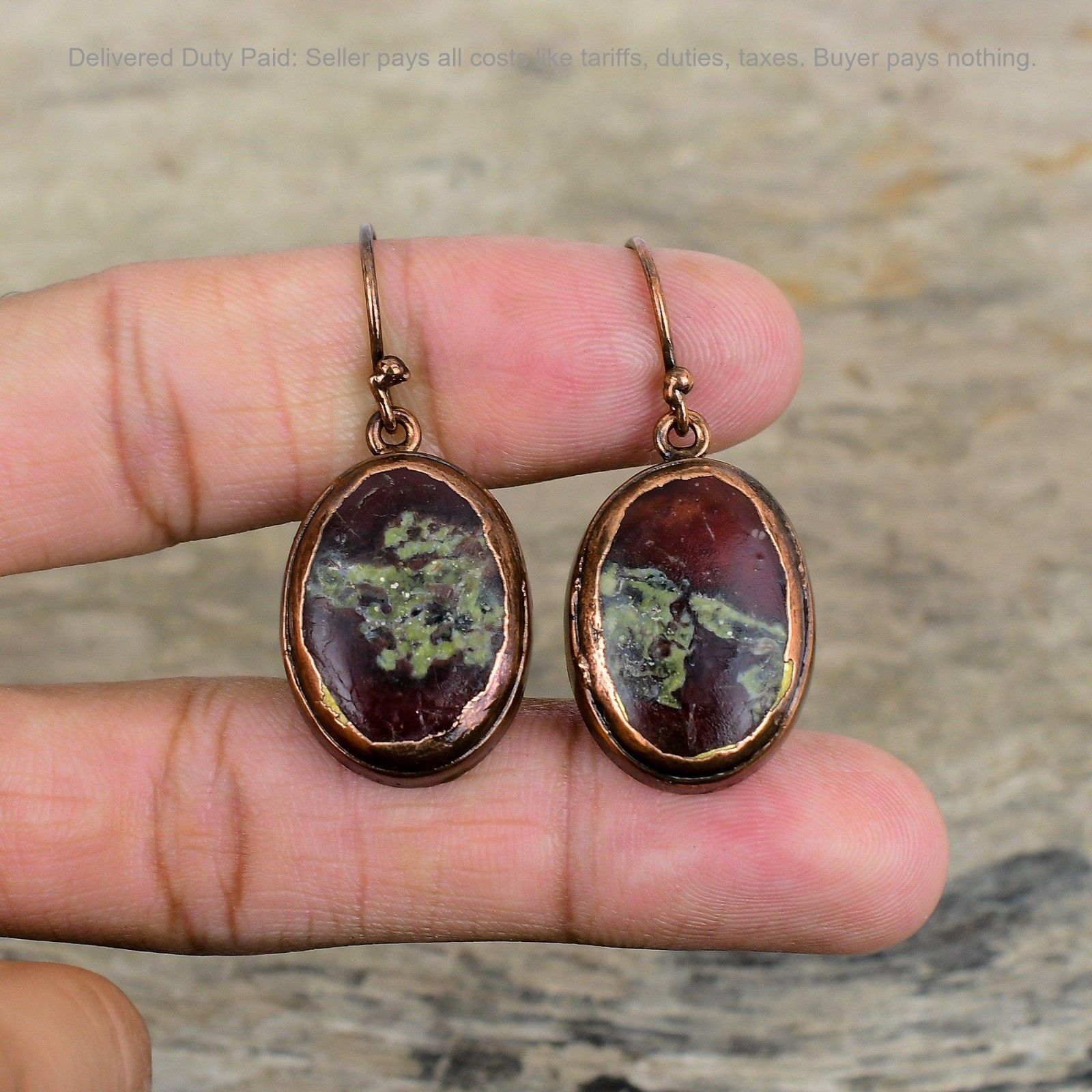 Copper Oval Dragon Bloodstone Stone Drop Dangle Electroformed Art Deco Earrings