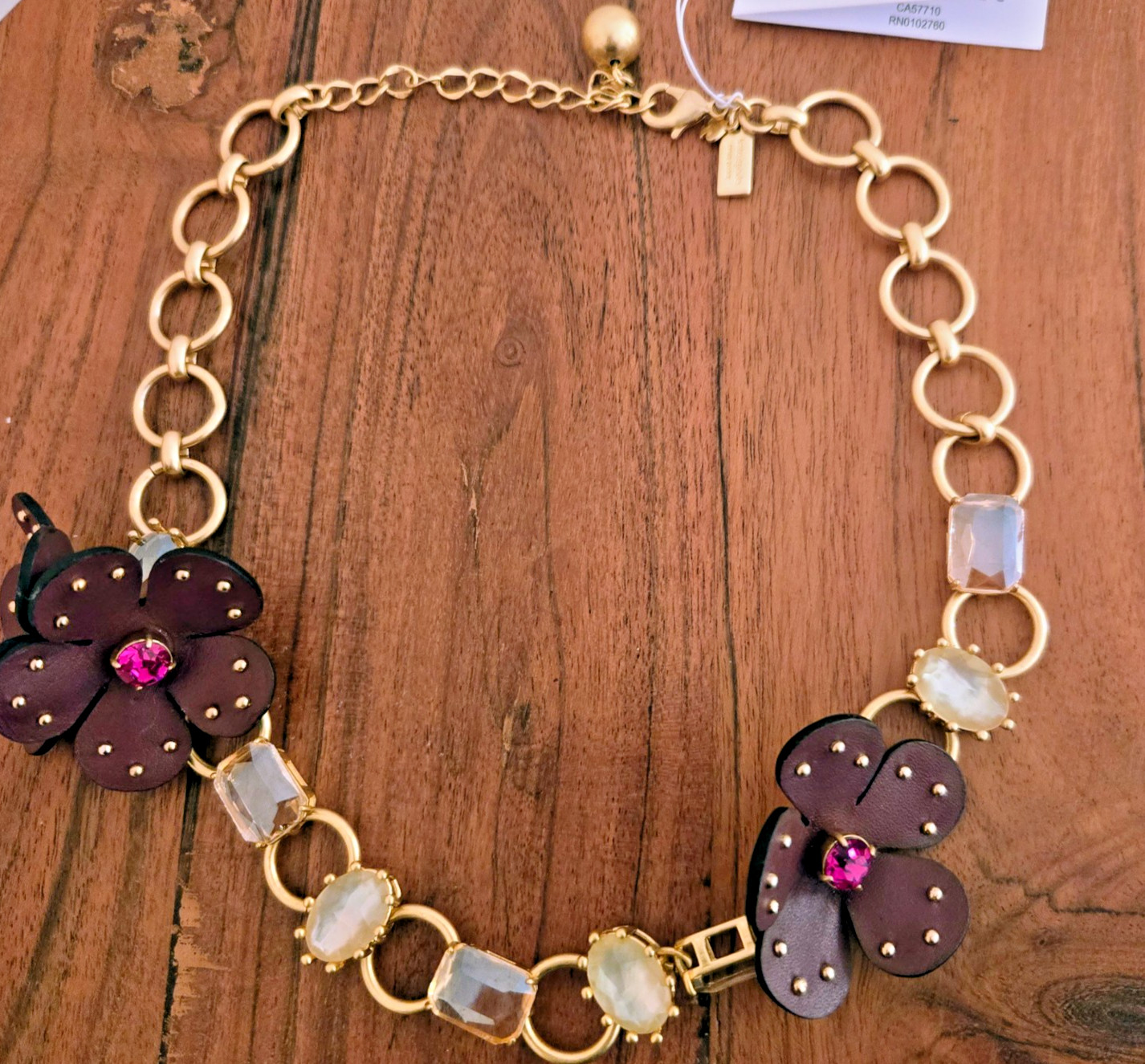 NWT Kate Spade BLOOMING BLING 12K Gold Plated Stone/Leather Flower Necklace-$128