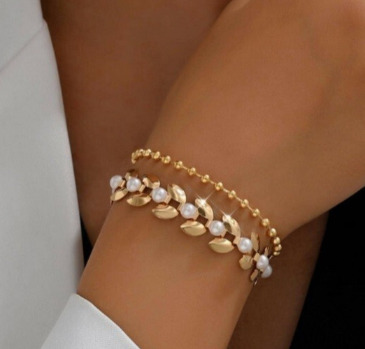 Zara new 18K Gold plated bracelet 2 pieces pearl beaded beads details size 21 cm