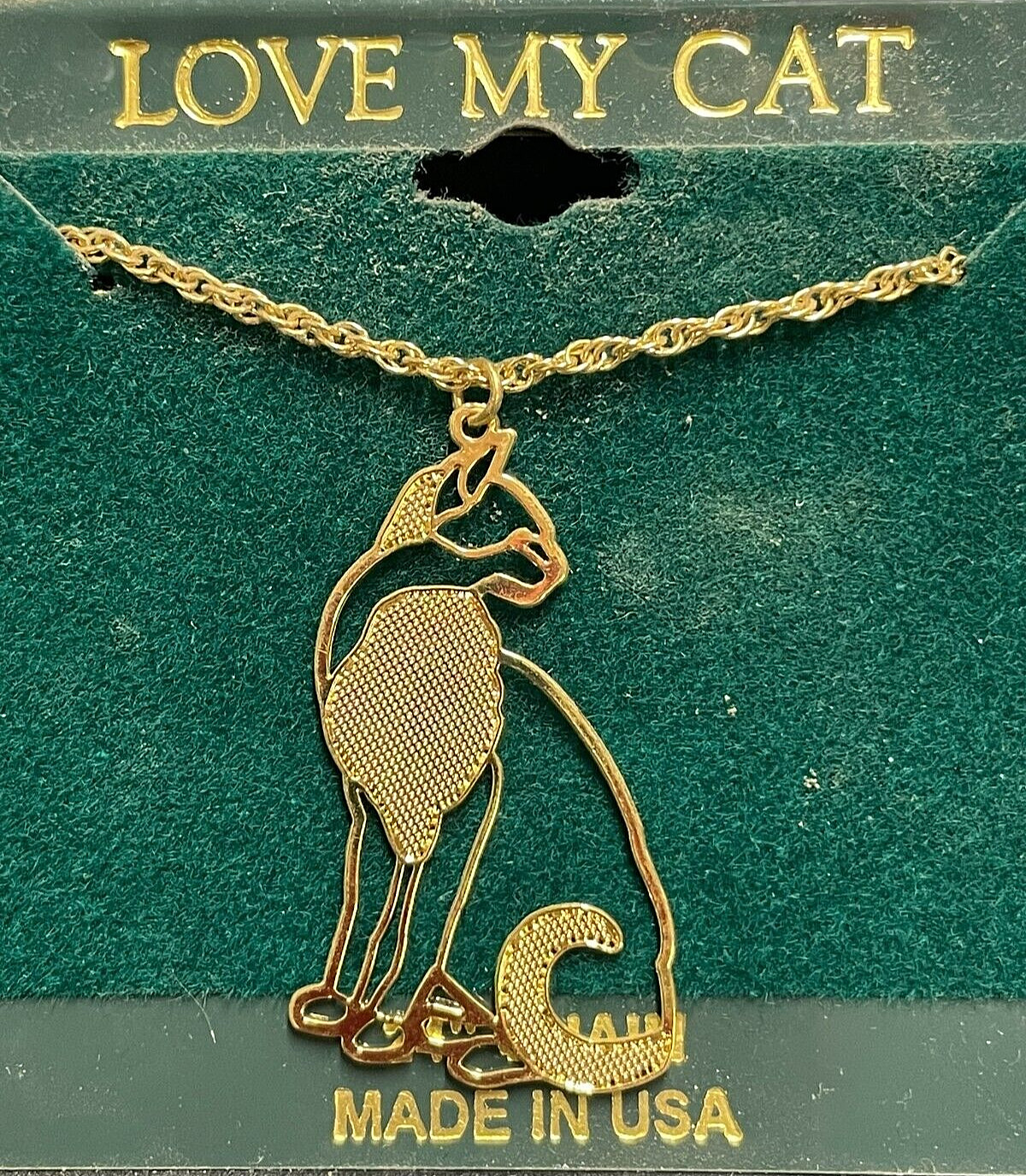 Love My Cat Necklace made in USA-24K gold finished brass 1.5 inches 24-in. chain