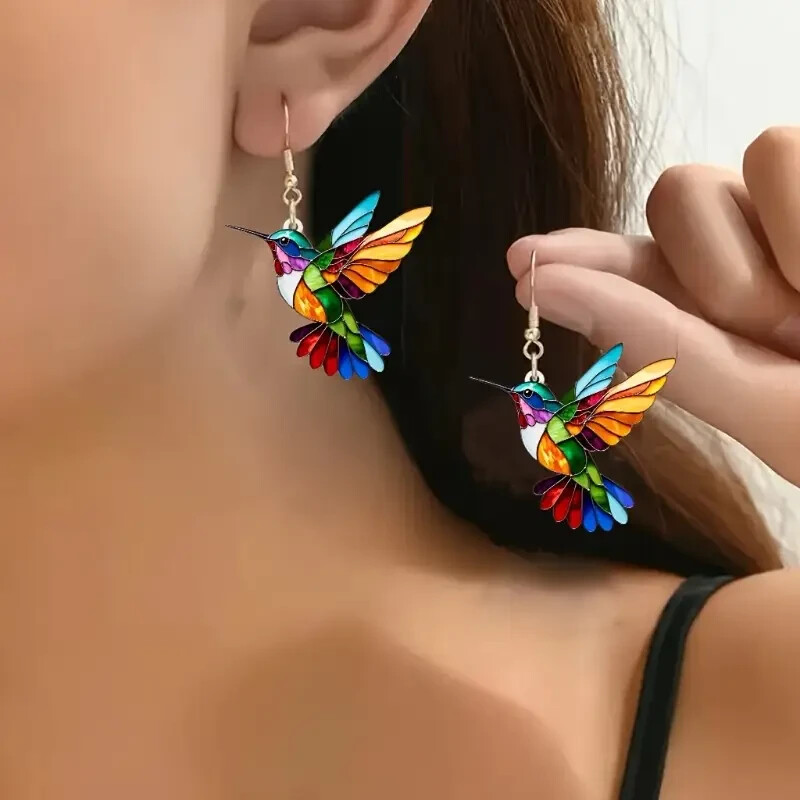 Acrylic Hummingbird Earrings Colorful 2D Design Featherless Stainless Steel Hook