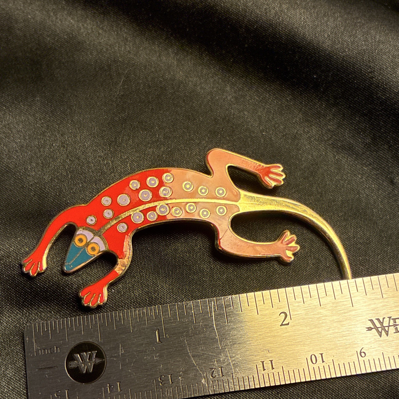 Laurel Burch Enamelled Lizard Brooch Pin Gold Tone Red Blue Signed