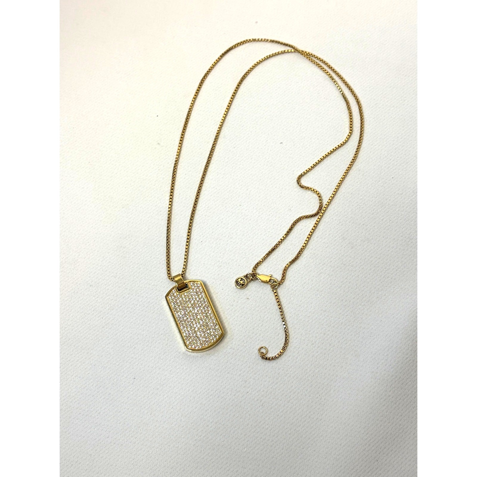 Michael Kors Gold Tone Reversible Dog Tag Pavé Crystal Box Chain Necklace 28-30″