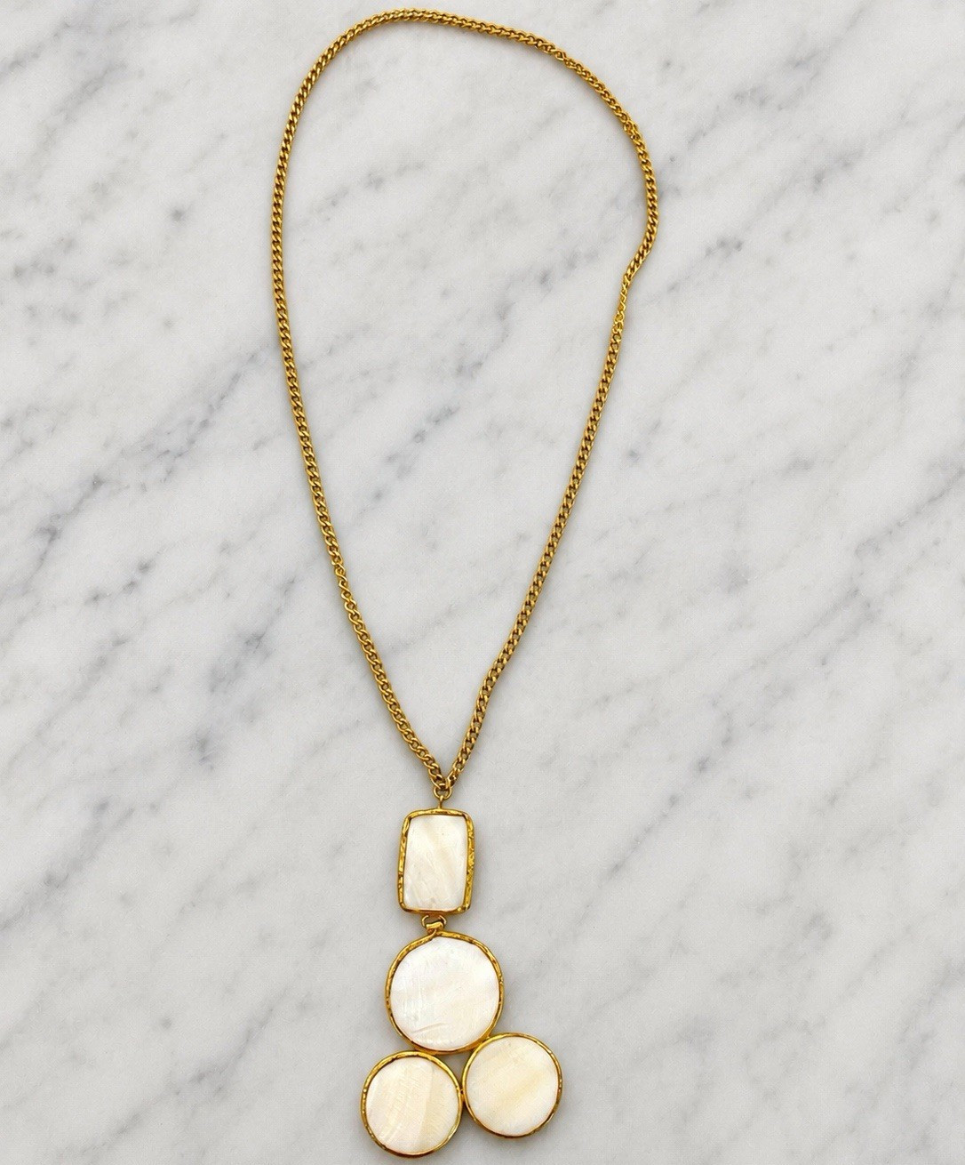 Vintage White Shell Geometric Pendant Necklace Gold Tone Long Statement Necklace