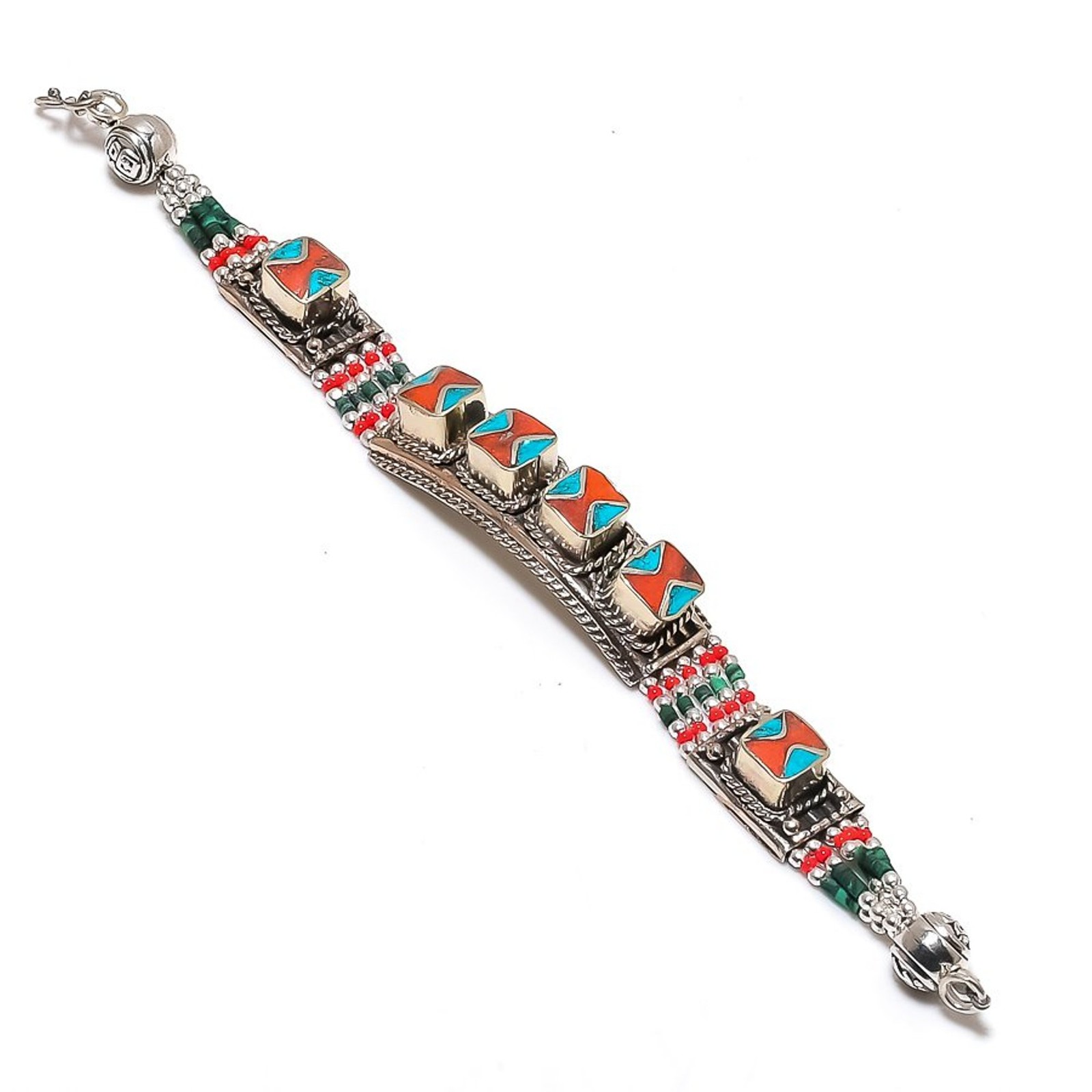 Red Coral Turquoise Bracelet Handmade Bahamas Tibetan Nepali Jewelry 7″ NBB 3428