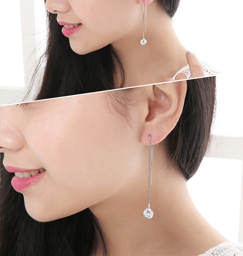 925 Silver Plated Round CZ Ear Chain Thread Pull Through Threader Earrings F2