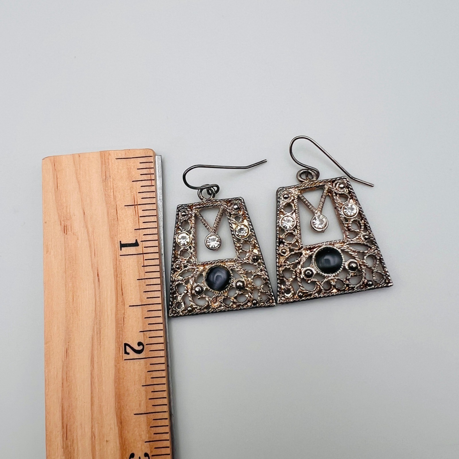 Vintage Filigree Trapezoid Earrings Black Stone Rhinestone Accent Dangle Drop