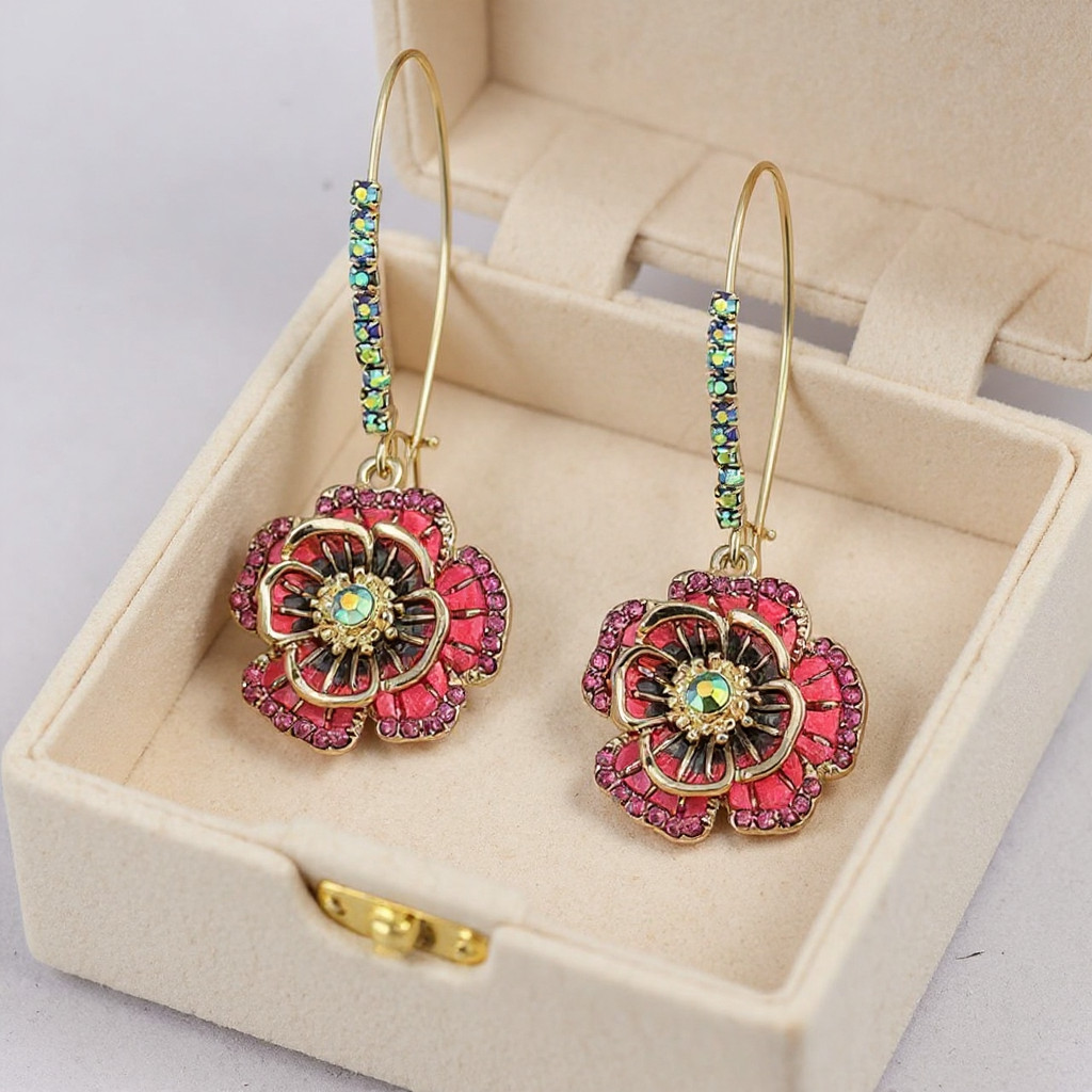 Betsey Johnson Rose Dangle Earring Iridescent Stones and Mixed Stone Accents