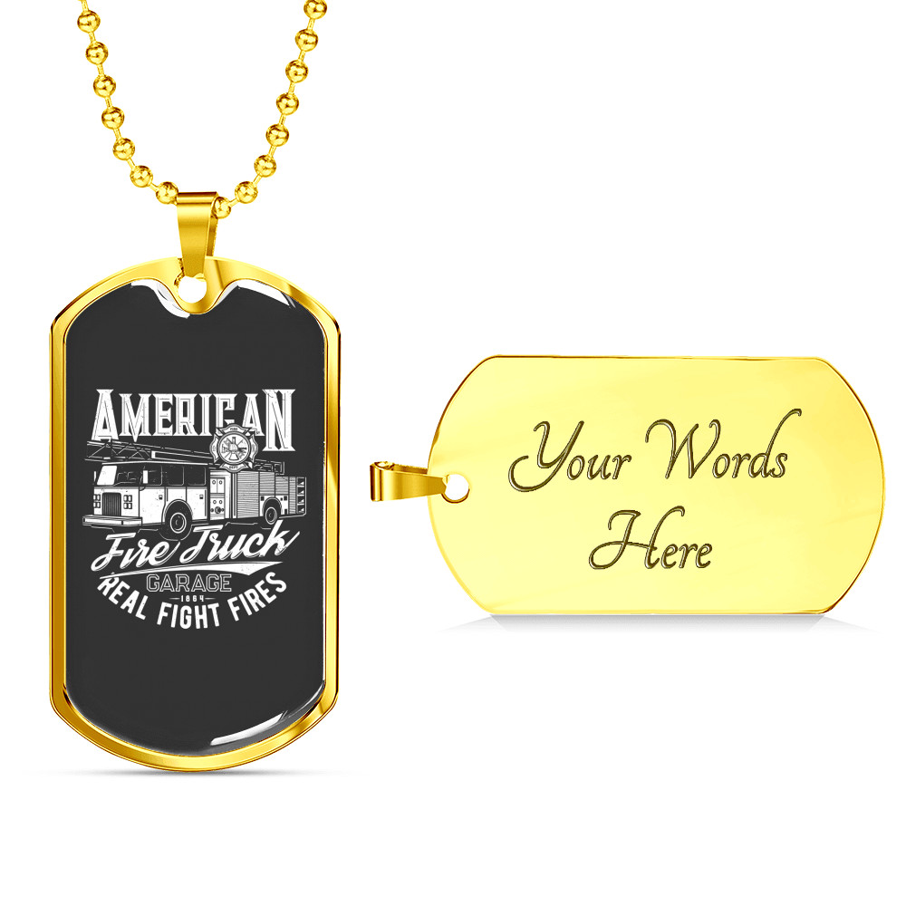 American Fire Truck Firefighter Stainless Steel or 18k Gold Dog Tag 24″ Chain