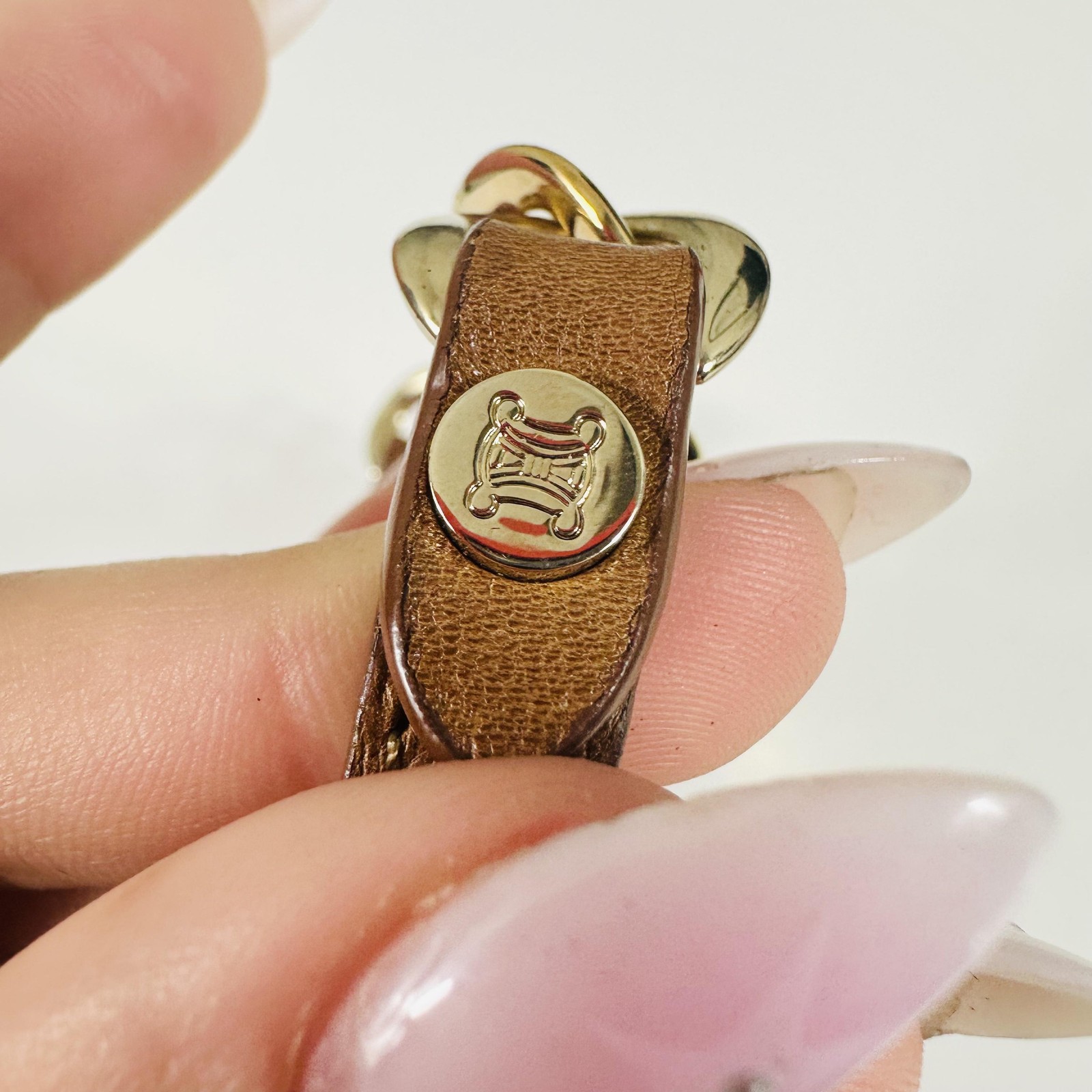 Celine Brown Leather Double Wrap Chain Bracelet Gold Tone Triomphe Logo Charm