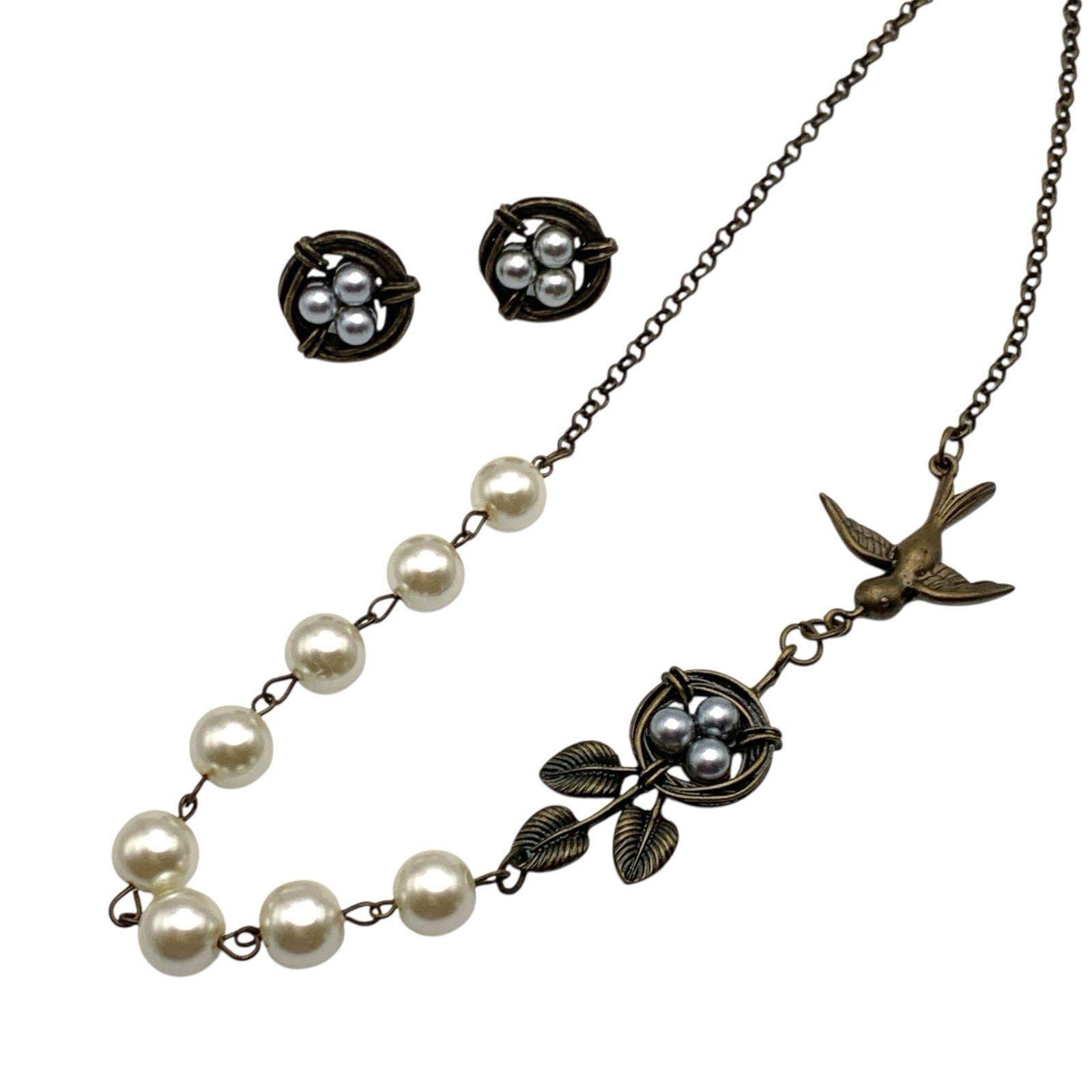Plunder Bronze Tone 3D Bird Nest Gray Pearl Eggs Necklace And Earrings Set 17”