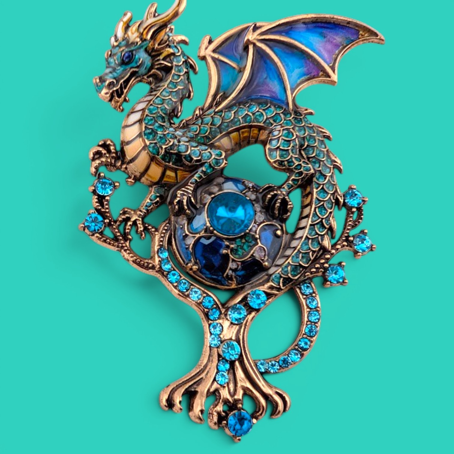 LARGE TEAL DRAGON BROOCH enamel whimsical enamel crystal pin fantasy T3